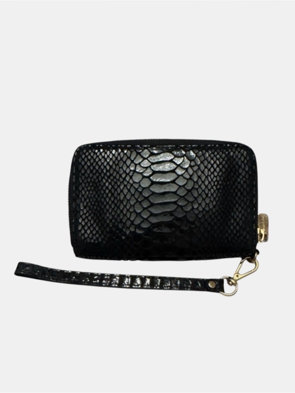 Michael Kors Black Patent Snakeskin Embossed Wristlet Wallet Zip Gold Tone - Picture 2 of 6